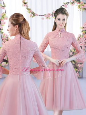 Tulle High-neck Cap Sleeves Zipper Lace Wedding Party Dress in Pink