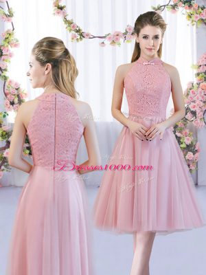 Tulle High-neck Cap Sleeves Zipper Lace Wedding Party Dress in Pink