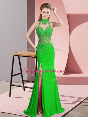 Sleeveless Chiffon Floor Length Backless Celebrity Dresses in Green with Lace and Appliques