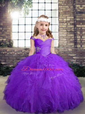 Best Beading and Ruffles Little Girls Pageant Gowns Purple Lace Up Sleeveless Floor Length