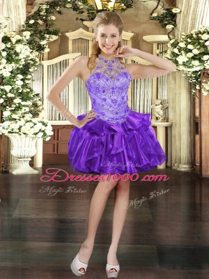Purple Lace Up Casual Dresses Beading and Ruffles Sleeveless Mini Length