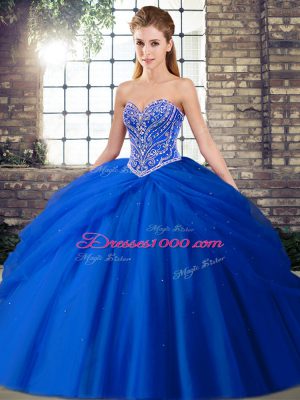 Fancy Sleeveless Beading and Pick Ups Lace Up Quince Ball Gowns with Royal Blue Brush Train