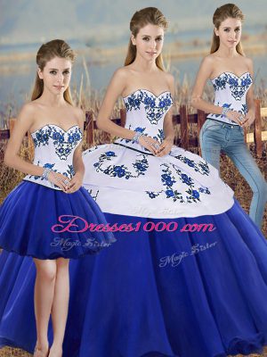 Floor Length Three Pieces Sleeveless Royal Blue Quinceanera Dresses Lace Up