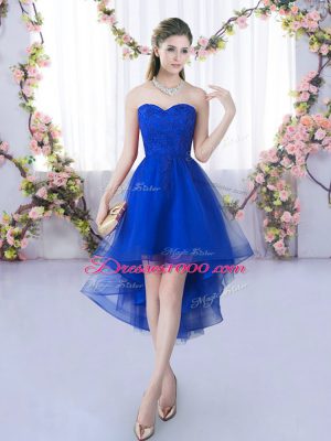 Custom Design High Low Royal Blue Damas Dress Tulle Sleeveless Lace