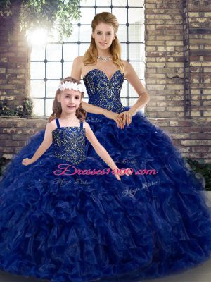 Beading and Ruffles Sweet 16 Quinceanera Dress Royal Blue Lace Up Sleeveless Floor Length