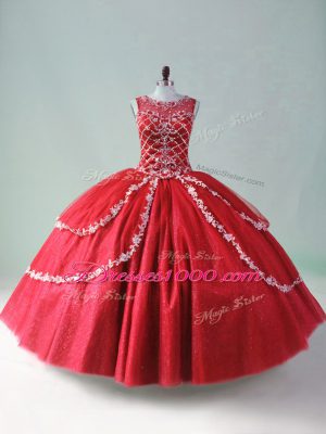 Smart Sleeveless Floor Length Beading and Appliques Zipper Quinceanera Dress with Red