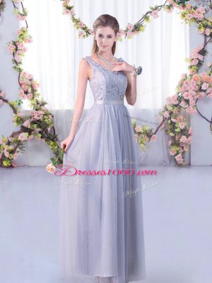 Grey Vestidos de Damas Wedding Party with Lace and Belt V-neck Sleeveless Side Zipper