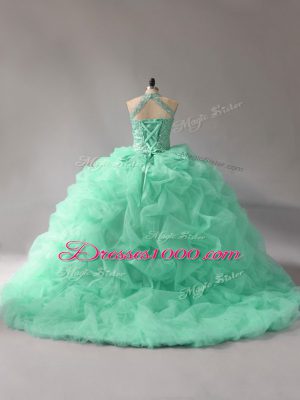 Superior Apple Green Organza Lace Up Sweet 16 Dresses Sleeveless Court Train Beading and Pick Ups