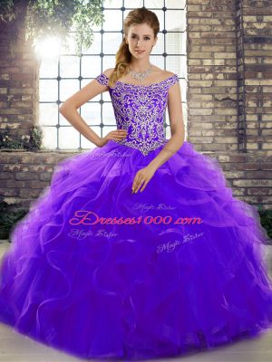 Best Off The Shoulder Sleeveless Quinceanera Dress Brush Train Beading and Ruffles Purple Tulle