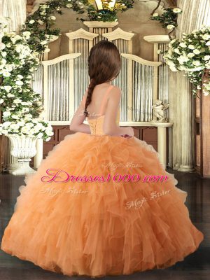 Coral Red Ball Gowns Ruffles Pageant Dress Womens Lace Up Tulle Sleeveless Floor Length