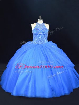 Delicate Blue Tulle Lace Up 15th Birthday Dress Sleeveless Floor Length Beading