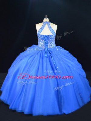 Delicate Blue Tulle Lace Up 15th Birthday Dress Sleeveless Floor Length Beading