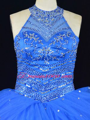 Delicate Blue Tulle Lace Up 15th Birthday Dress Sleeveless Floor Length Beading