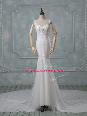 Sleeveless Court Train Backless Beading and Lace Wedding Gowns