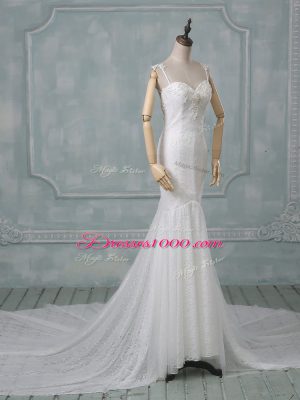 Sleeveless Court Train Backless Beading and Lace Wedding Gowns