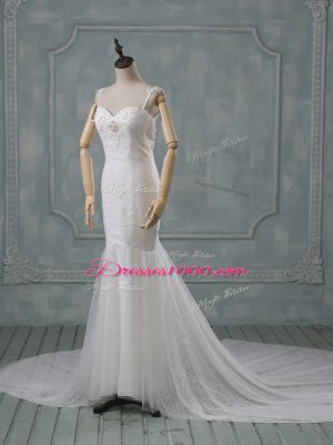 Sleeveless Court Train Backless Beading and Lace Wedding Gowns