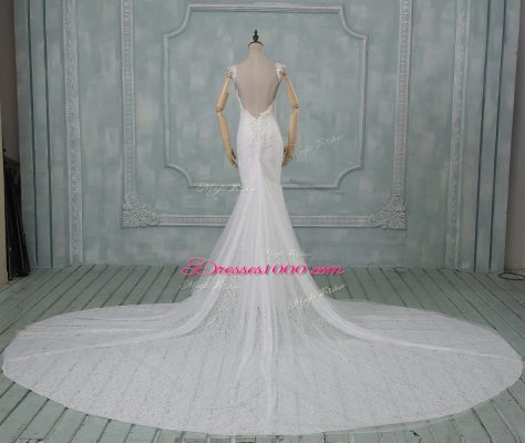 Sleeveless Court Train Backless Beading and Lace Wedding Gowns