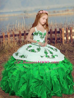 Green Lace Up Straps Embroidery Little Girls Pageant Dress Wholesale Organza Sleeveless
