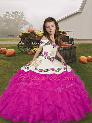 Cute Fuchsia Ball Gowns Straps Sleeveless Organza Floor Length Lace Up Embroidery and Ruffles Party Dress Wholesale