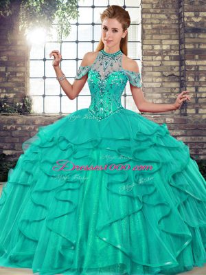 Sleeveless Floor Length Beading and Ruffles Lace Up Sweet 16 Dress with Turquoise