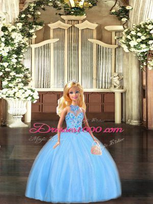 Baby Blue Lace Up Halter Top Embroidery 15 Quinceanera Dress Tulle Sleeveless