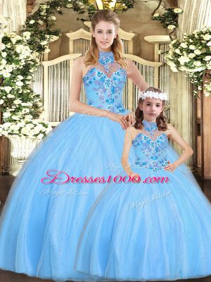 Baby Blue Lace Up Halter Top Embroidery 15 Quinceanera Dress Tulle Sleeveless