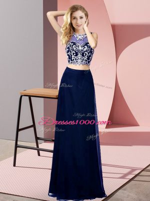 Simple Blue Backless Prom Gown Beading Sleeveless Floor Length