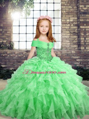 Pretty Sleeveless Floor Length Beading and Ruffles Lace Up Little Girls Pageant Dress
