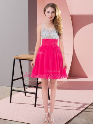 Excellent Hot Pink Chiffon Side Zipper Damas Dress Sleeveless Mini Length Beading