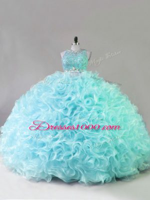Fancy Blue Zipper Scoop Beading Quinceanera Gown Fabric With Rolling Flowers Sleeveless