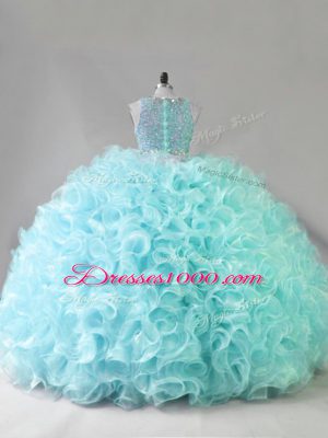 Fancy Blue Zipper Scoop Beading Quinceanera Gown Fabric With Rolling Flowers Sleeveless