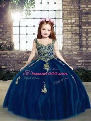 Blue Straps Lace Up Appliques Girls Pageant Dresses Sleeveless