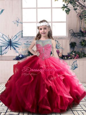 Coral Red Lace Up Scoop Beading and Ruffles Pageant Gowns For Girls Tulle Sleeveless