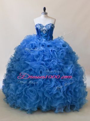 Hot Sale Blue Fabric With Rolling Flowers Lace Up Quinceanera Dress Sleeveless Floor Length Ruffles and Sequins