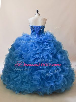 Hot Sale Blue Fabric With Rolling Flowers Lace Up Quinceanera Dress Sleeveless Floor Length Ruffles and Sequins