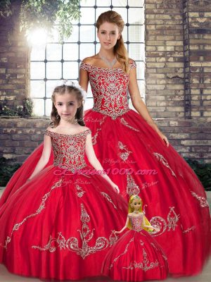 Superior Red Sleeveless Tulle Lace Up Quince Ball Gowns for Military Ball and Sweet 16 and Quinceanera