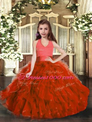 Rust Red Child Pageant Dress Party and Sweet 16 and Wedding Party with Ruffles Halter Top Sleeveless Lace Up