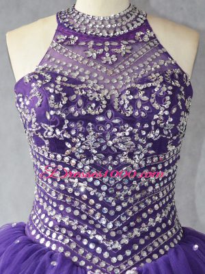 Modest Purple Quinceanera Gowns Sweet 16 and Quinceanera with Beading Halter Top Sleeveless Lace Up
