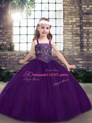 Eggplant Purple Sleeveless Floor Length Beading Lace Up Little Girls Pageant Gowns