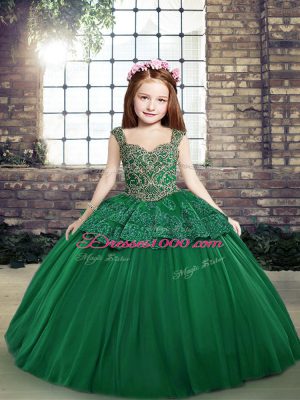 Dark Green Ball Gowns Beading and Lace Party Dresses Lace Up Tulle Sleeveless Floor Length