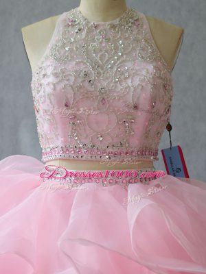 Modest Baby Pink Backless Halter Top Beading and Ruffles Quinceanera Gown Organza Sleeveless Brush Train