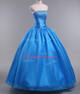 Strapless Sleeveless Lace Up Quinceanera Gown Blue Organza
