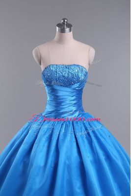 Strapless Sleeveless Lace Up Quinceanera Gown Blue Organza