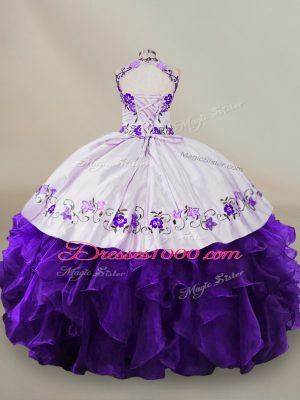 Long Sleeves Floor Length Embroidery and Ruffles Lace Up Quinceanera Dresses with White And Purple