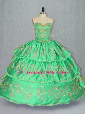Satin and Organza Sweetheart Sleeveless Lace Up Embroidery and Ruffled Layers Sweet 16 Quinceanera Dress in Green