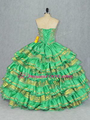 Satin and Organza Sweetheart Sleeveless Lace Up Embroidery and Ruffled Layers Sweet 16 Quinceanera Dress in Green