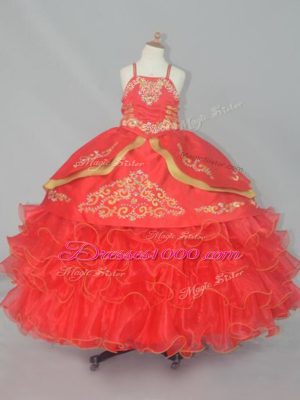 Red Straps Neckline Embroidery and Ruffled Layers Little Girls Pageant Gowns Sleeveless Lace Up