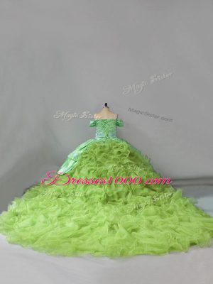 Yellow Green Quinceanera Gown Off The Shoulder Sleeveless Chapel Train Lace Up