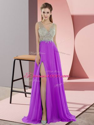 Eye-catching Zipper Prom Evening Gown Lavender for Prom and Party with Beading Sweep Train