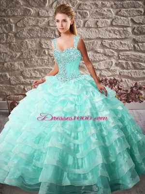 Dramatic Aqua Blue 15th Birthday Dress Sweet 16 and Quinceanera with Beading and Ruffled Layers Straps Sleeveless Court Train Lace Up